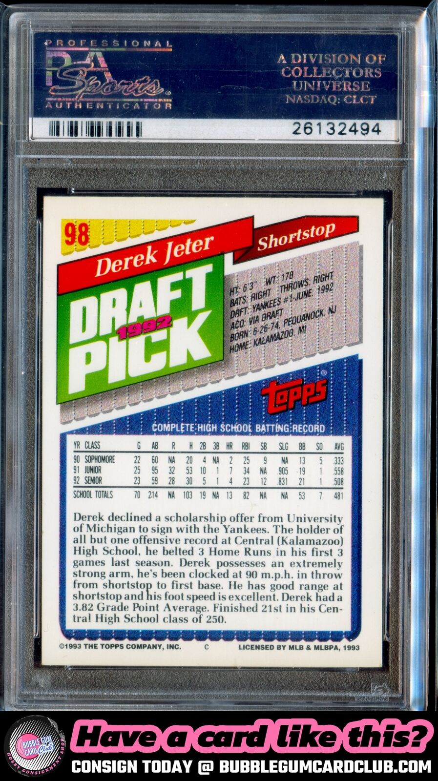 1993 Topps Derek Jeter Rookie New York Yankees PSA 7