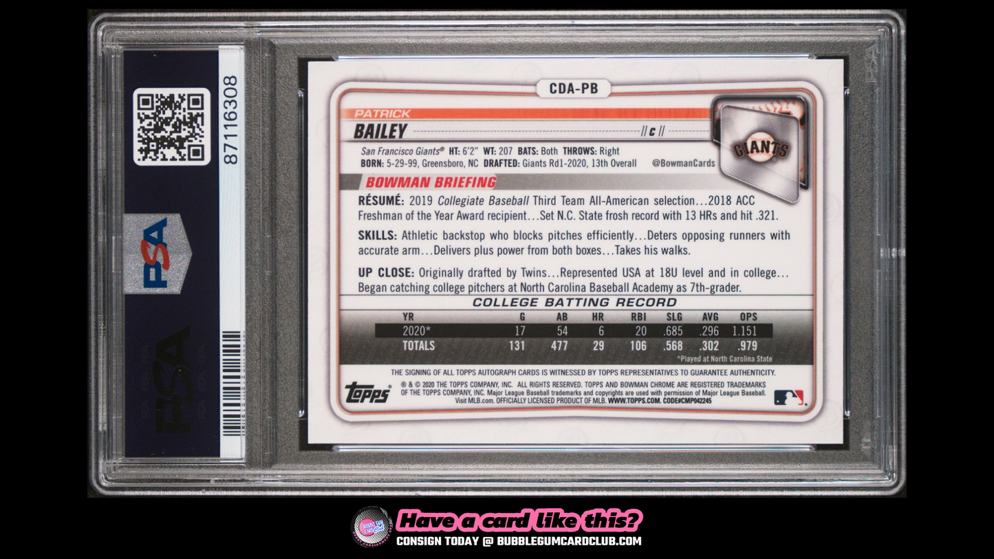 2020 Bowman Draft Patrick Bailey 1st Chrome Auto Giants PSA 10