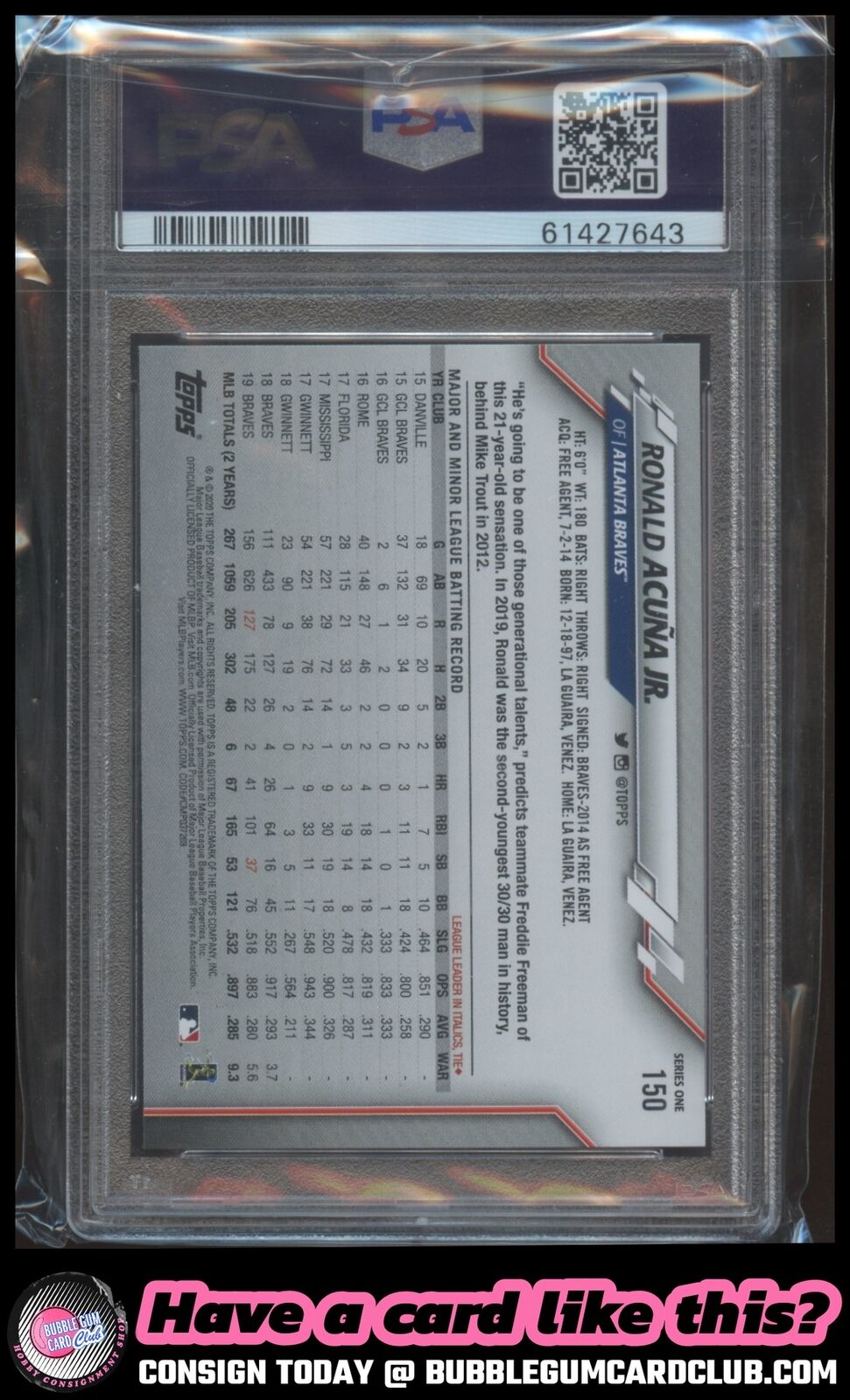 2020 Topps Ronald Acuña Jr. 582 Montgomery Atlanta Braves PSA 10