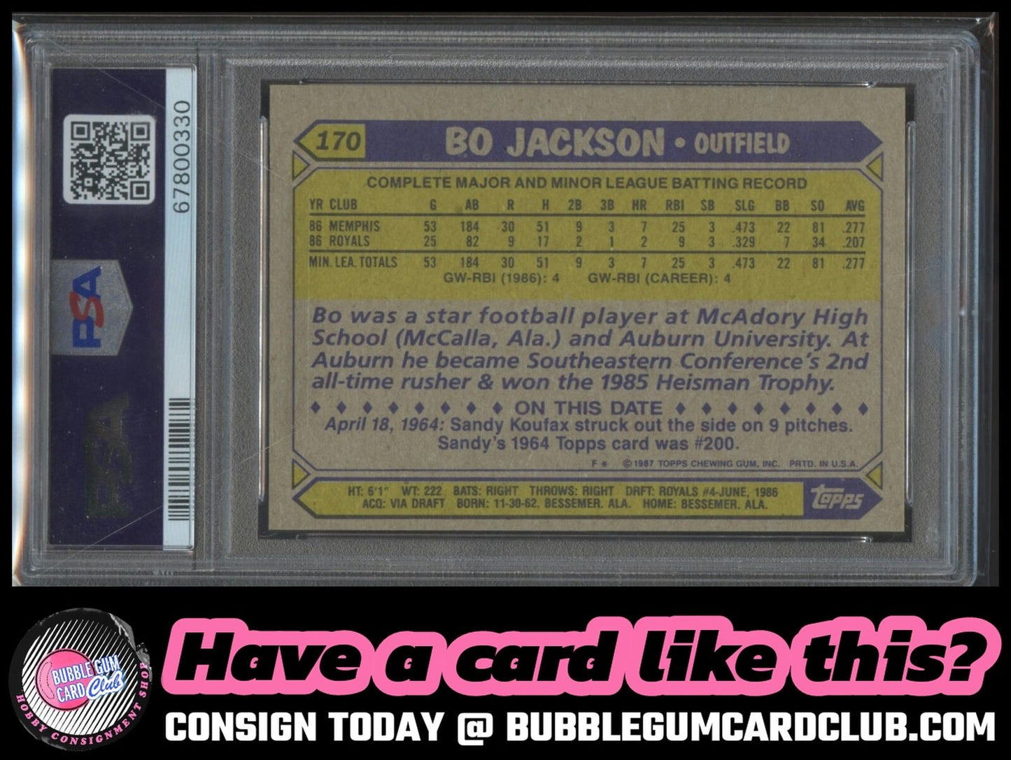 1987 Topps Bo Jackson Rookie Kansas City Royals PSA 7