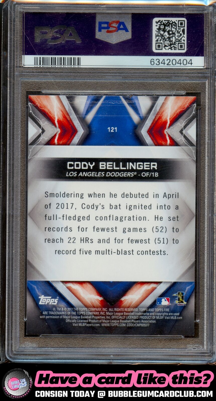 2017 Topps Fire Cody Bellinger Rookie Los Angeles Dodgers PSA 9