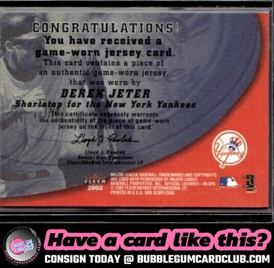 2002 Fleer Box Score Derek Jeter Amazing Greats Single Swatch New York Yankees