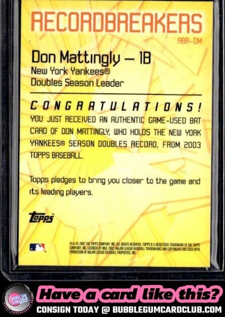 2003 Topps Don Mattingly Record Breakers Relics New York Yankees