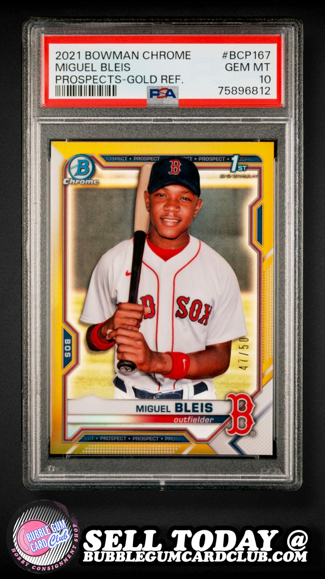 2021 Bowman Chrome Gold Refractor Miguel Bleis Red Sox /50 PSA 10