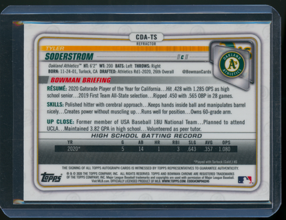 2020 Bowman Draft Tyler Soderstrom Chrome Refractor Auto /499 Oakland Athletics