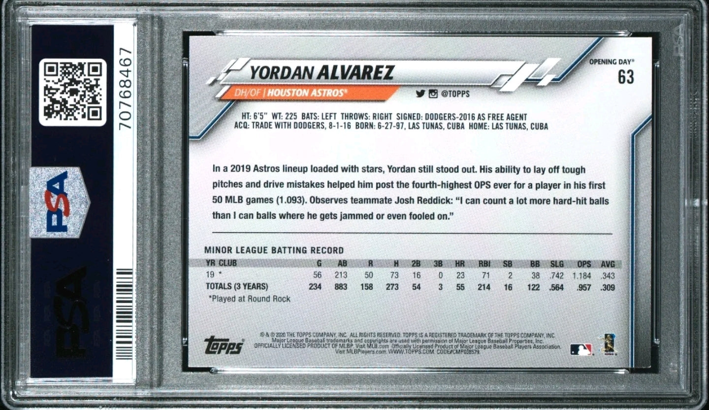 2020 Topps Opening Day Yordan Alvarez Blue Foil Rookie PSA 9 RC Astros #63