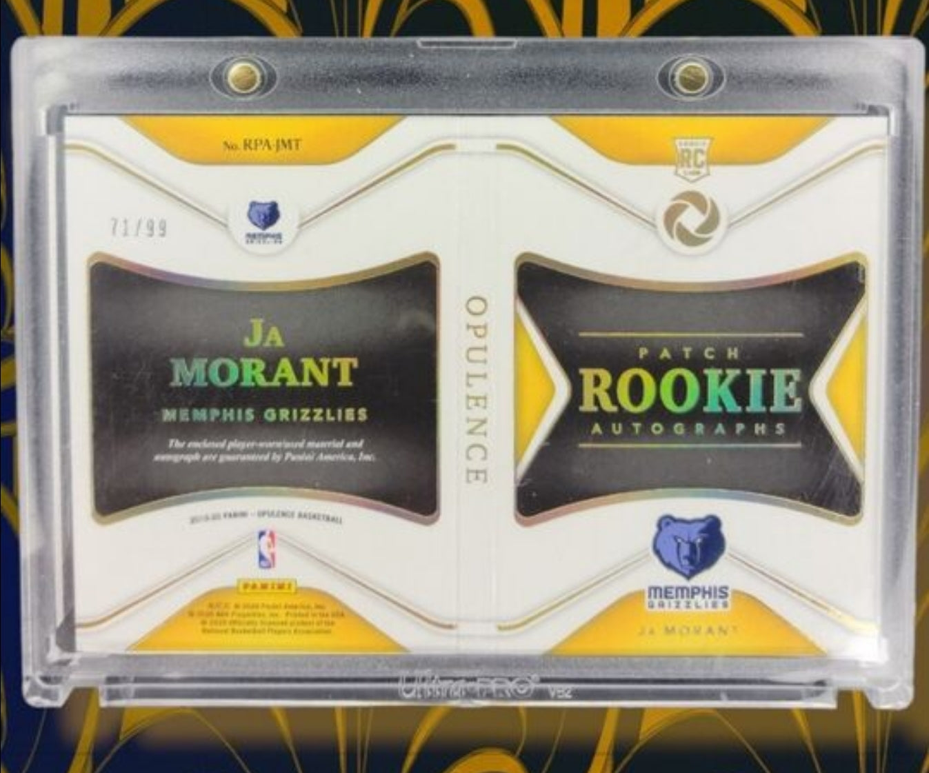 2019-20 Panini Opulence Ja Morant Rookie Patch Auto Book RPA RC /99 Grizzlies