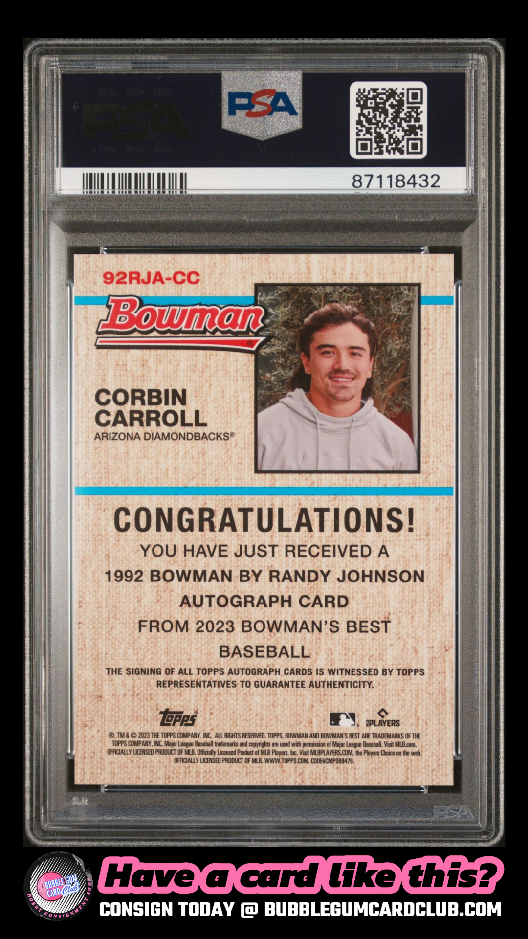 2023 Bowman's Best Corbin Carroll Rookie Auto '92 Randy Johnson Lava /50 PSA 9 AUTO 10