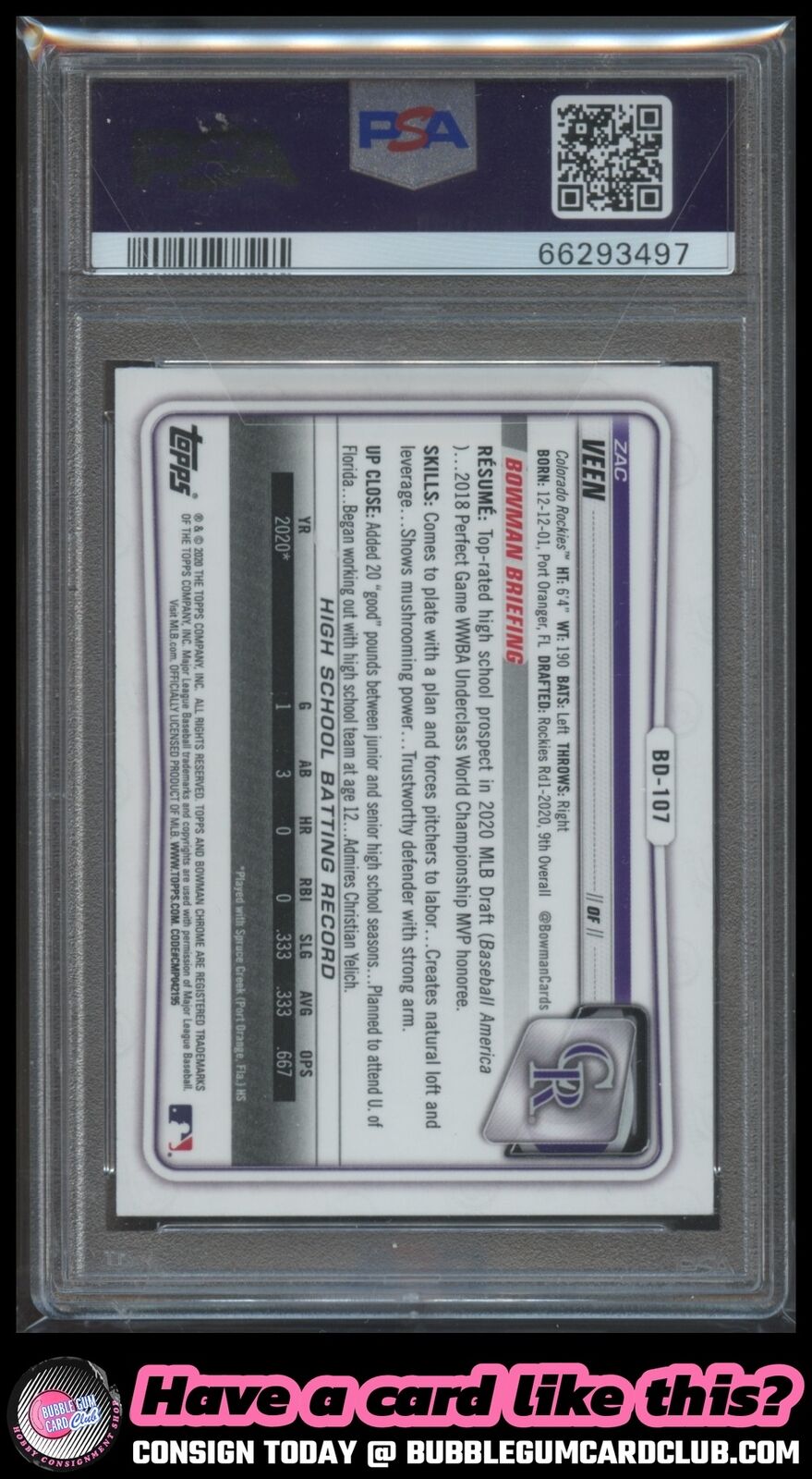 2020 Bowman Draft Zac Veen Sky Blue Colorado Rockies PSA 9