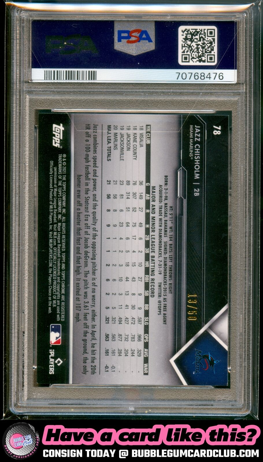 2021 Topps Chrome Black Jazz Chisholm Gold Refractor #/50 Miami Marlins PSA 9