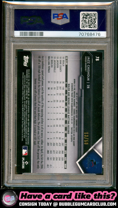 2021 Topps Chrome Black Jazz Chisholm Gold Refractor #/50 Miami Marlins PSA 9