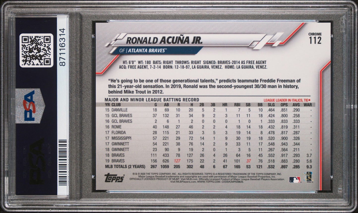 2020 Topps Chrome Ronald Acuña Jr. SP Image Variation Refractor Atlanta Braves PSA 9