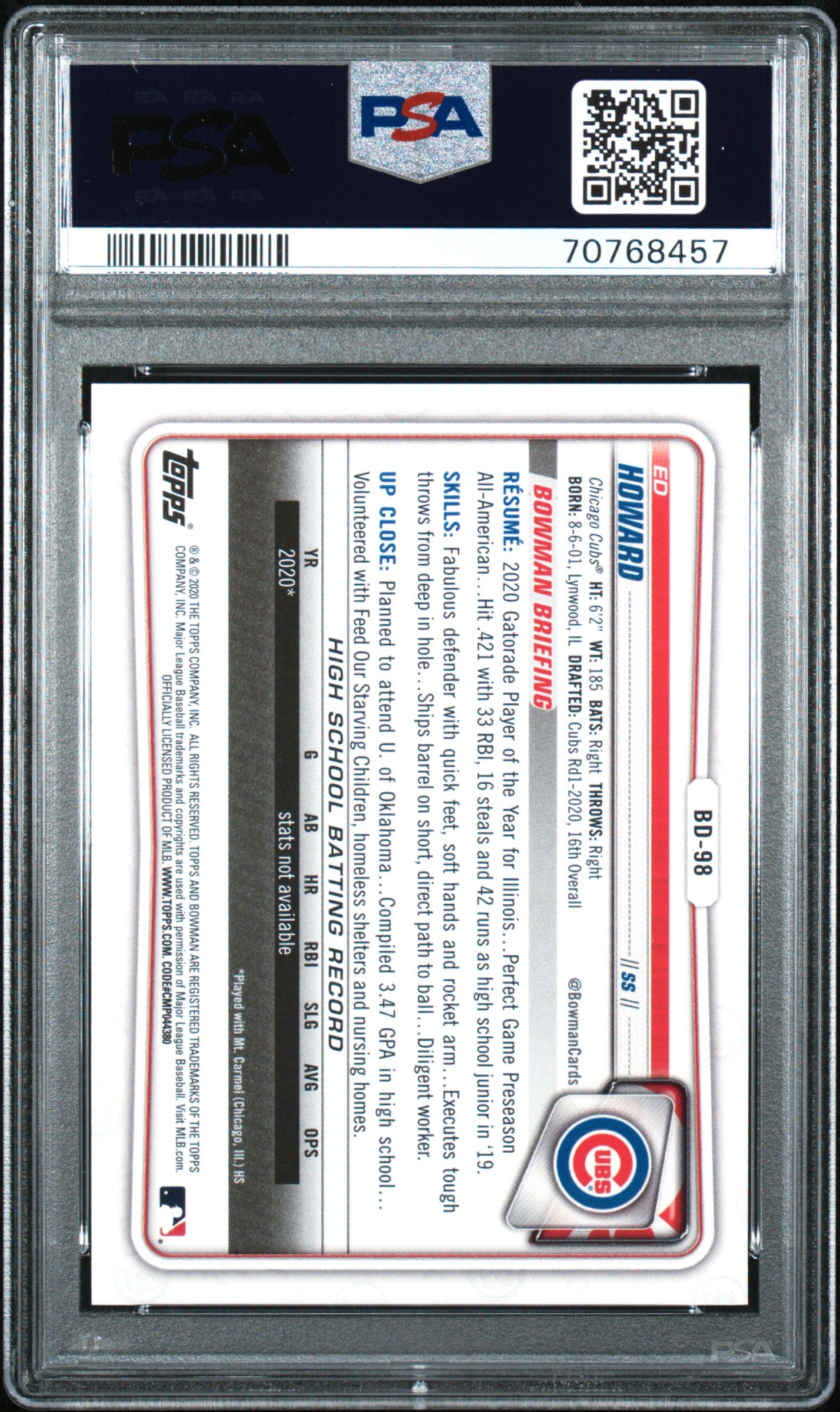 2020 Bowman Draft Ed Howard 1st Edition Gold Foil /50 #BD98 PSA 9