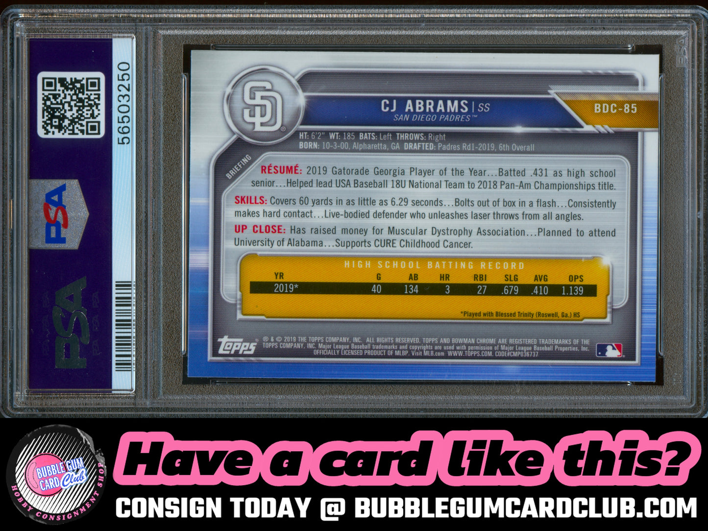 2019 Bowman Draft CJ Abrams Chrome San Diego Padres PSA 10