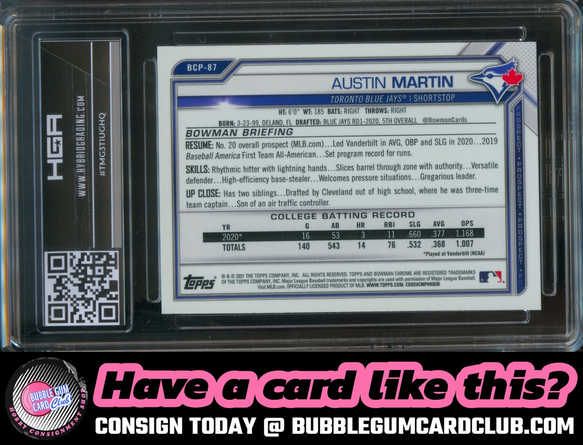 2021 Bowman Sapphire Edition Austin Martin Toronto Blue Jays HGA 9.5