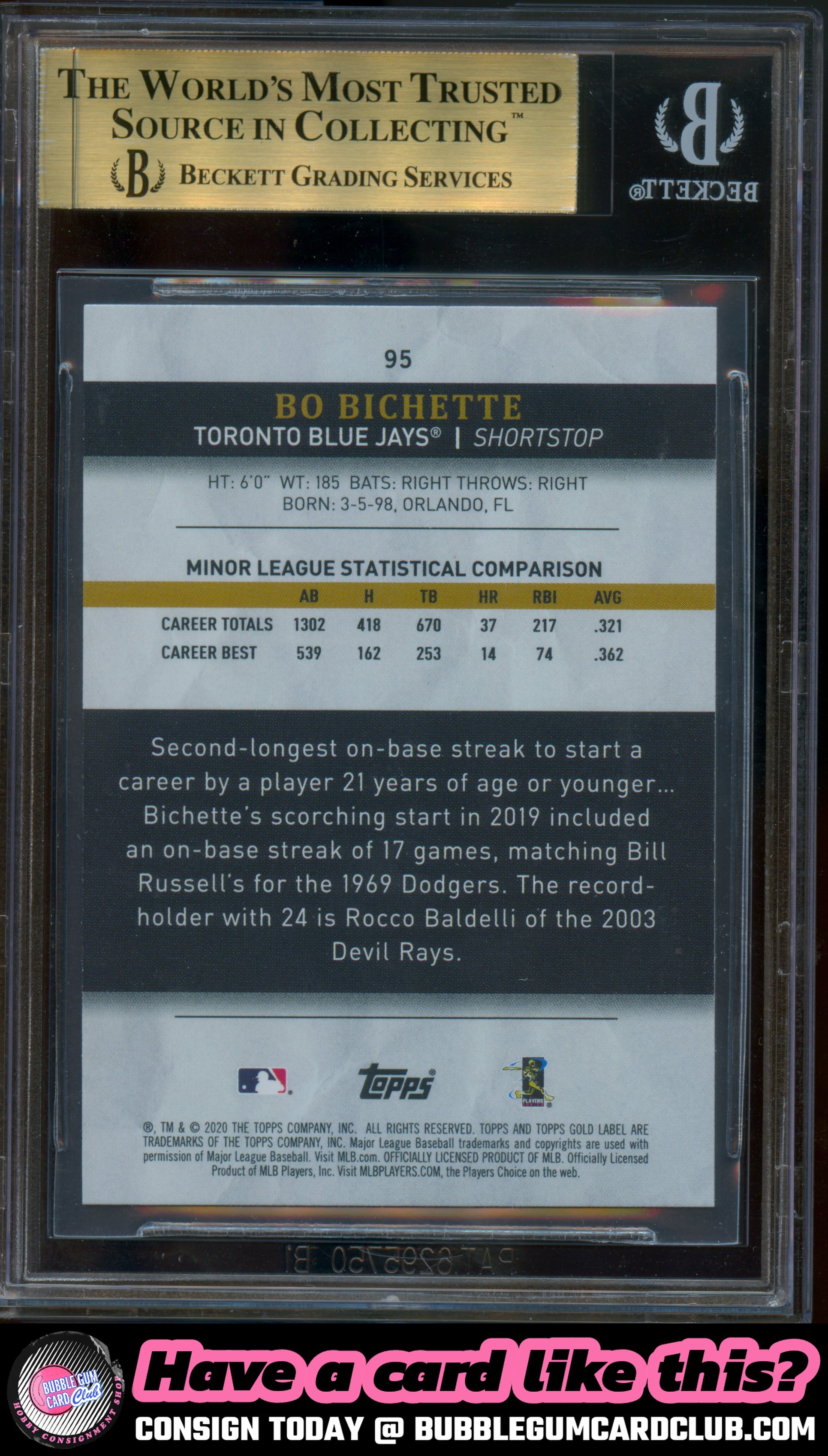 2020 Topps Gold Label Bo Bichette Rookie Toronto Blue Jays BGS 9.5