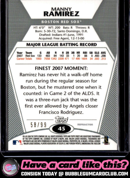 2008 Finest Manny Ramirez Refractors Black #/99 Boston Red Sox