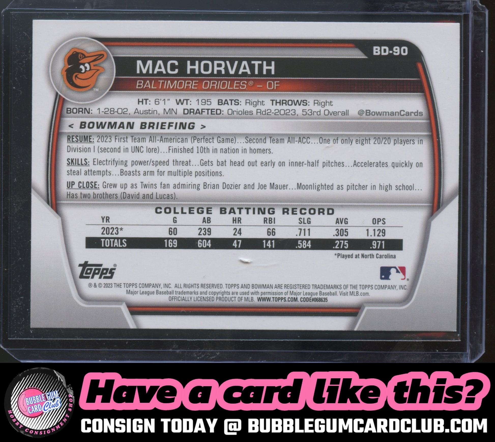 2023 Bowman Draft Mac Horvath Orange #/25 Baltimore Orioles