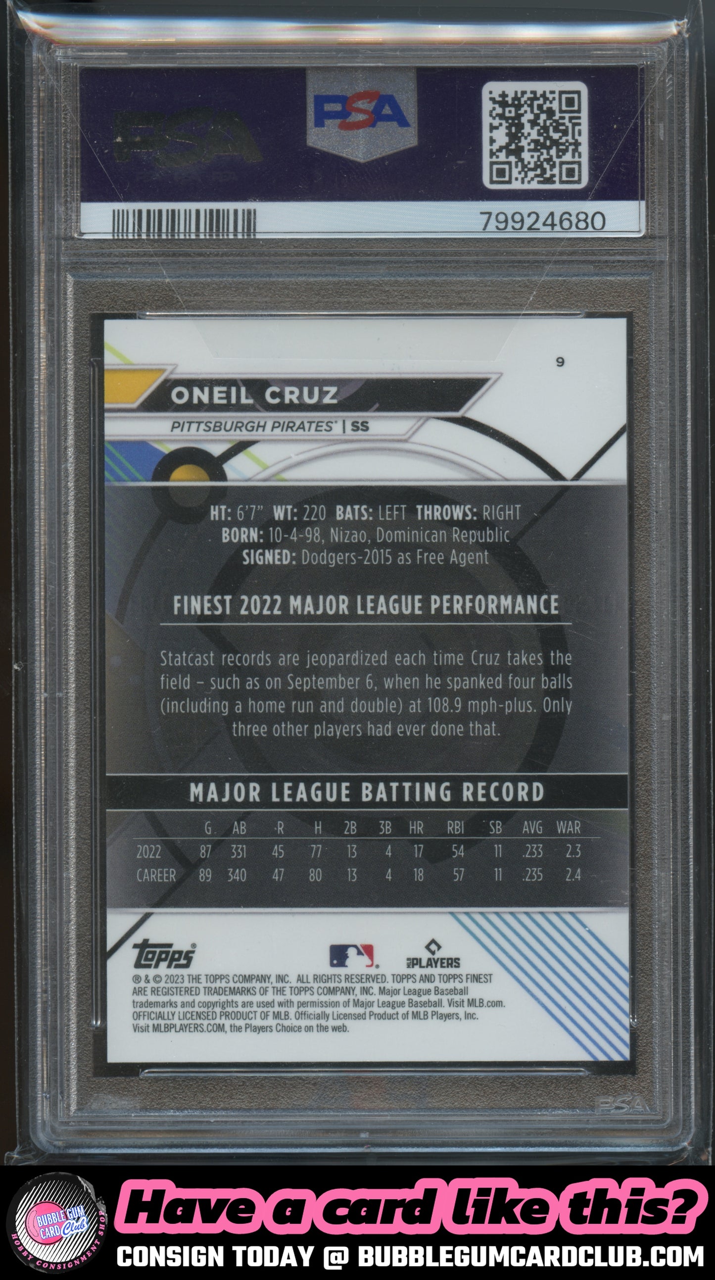 2023 Topps Finest Oneil Cruz Rose Gold /75 Pittsburgh Pirates PSA 9