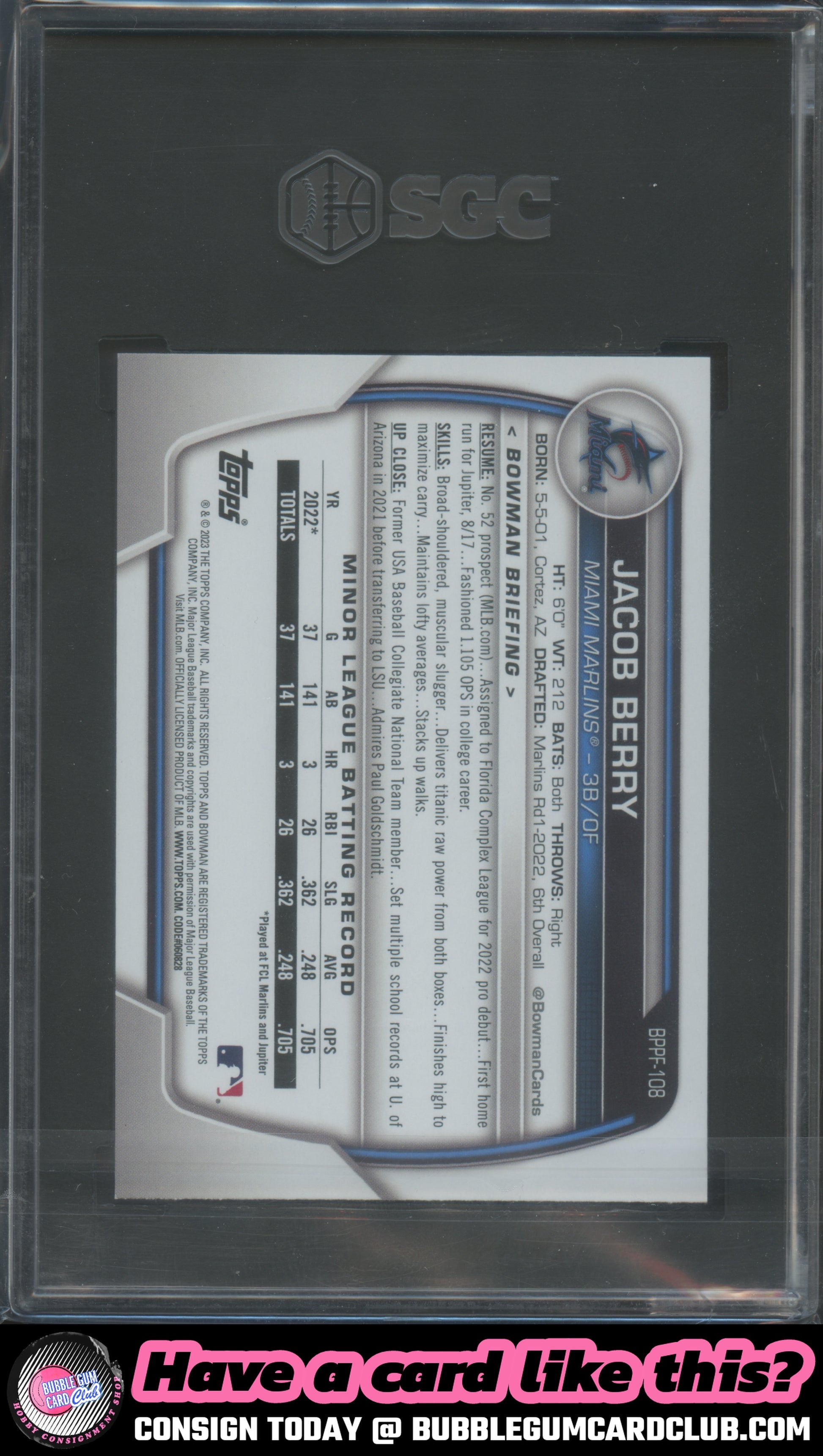 2023 Bowman 1st Edition Jacob Berry Miami Marlins SGC 10