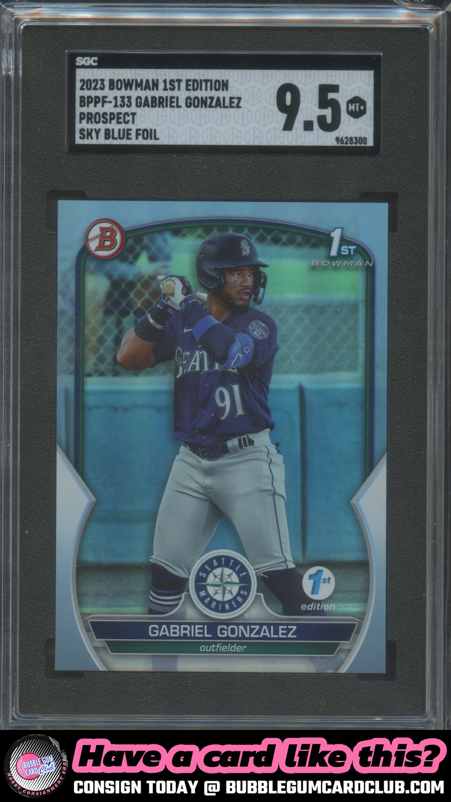 2023 Bowman 1st Edition Gabriel Gonzalez Sky Blue Foil Seattle Mariners SGC 9.5