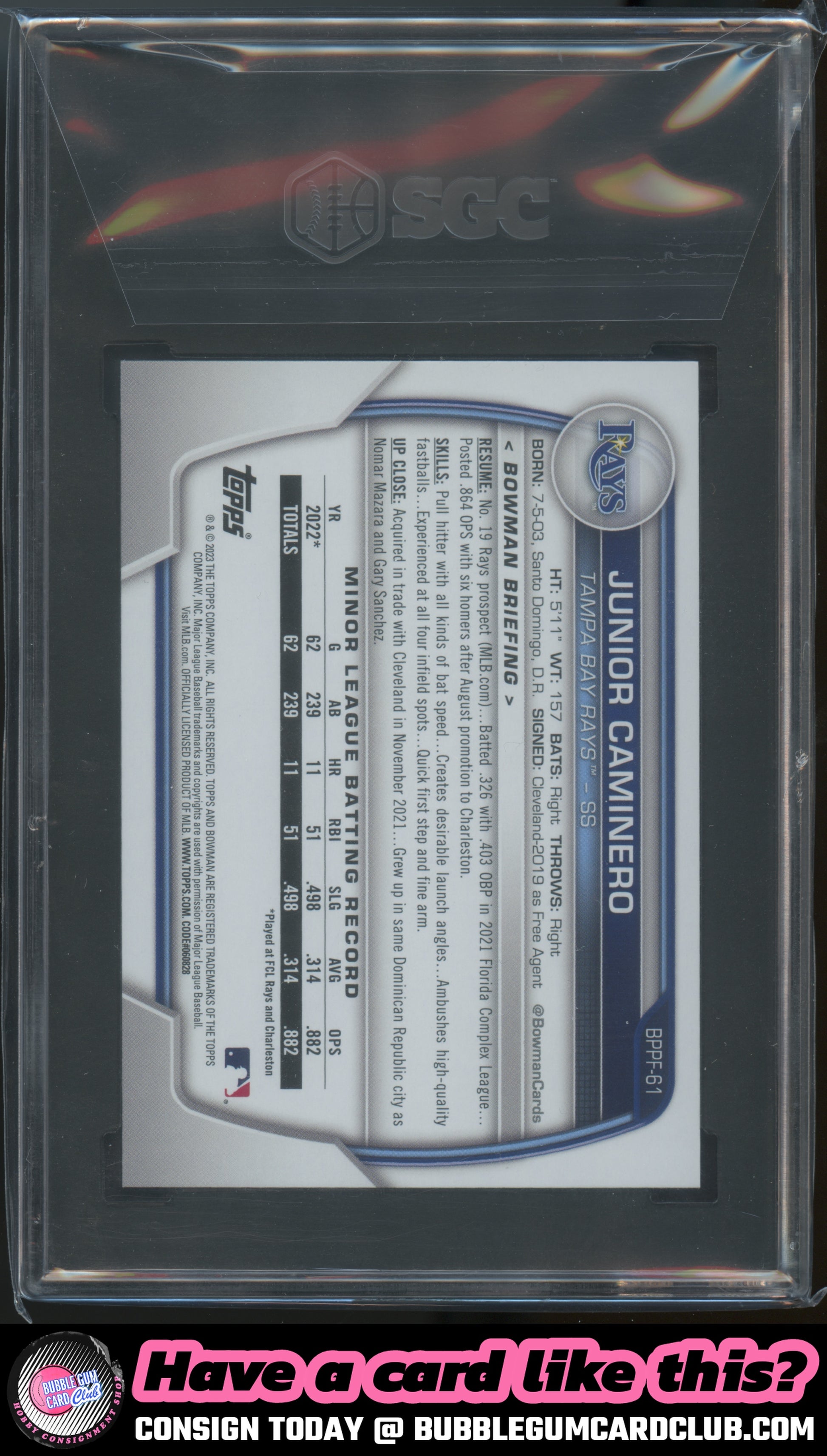 2023 Bowman 1st Edition Junior Caminero Tampa Bay Rays SGC 9