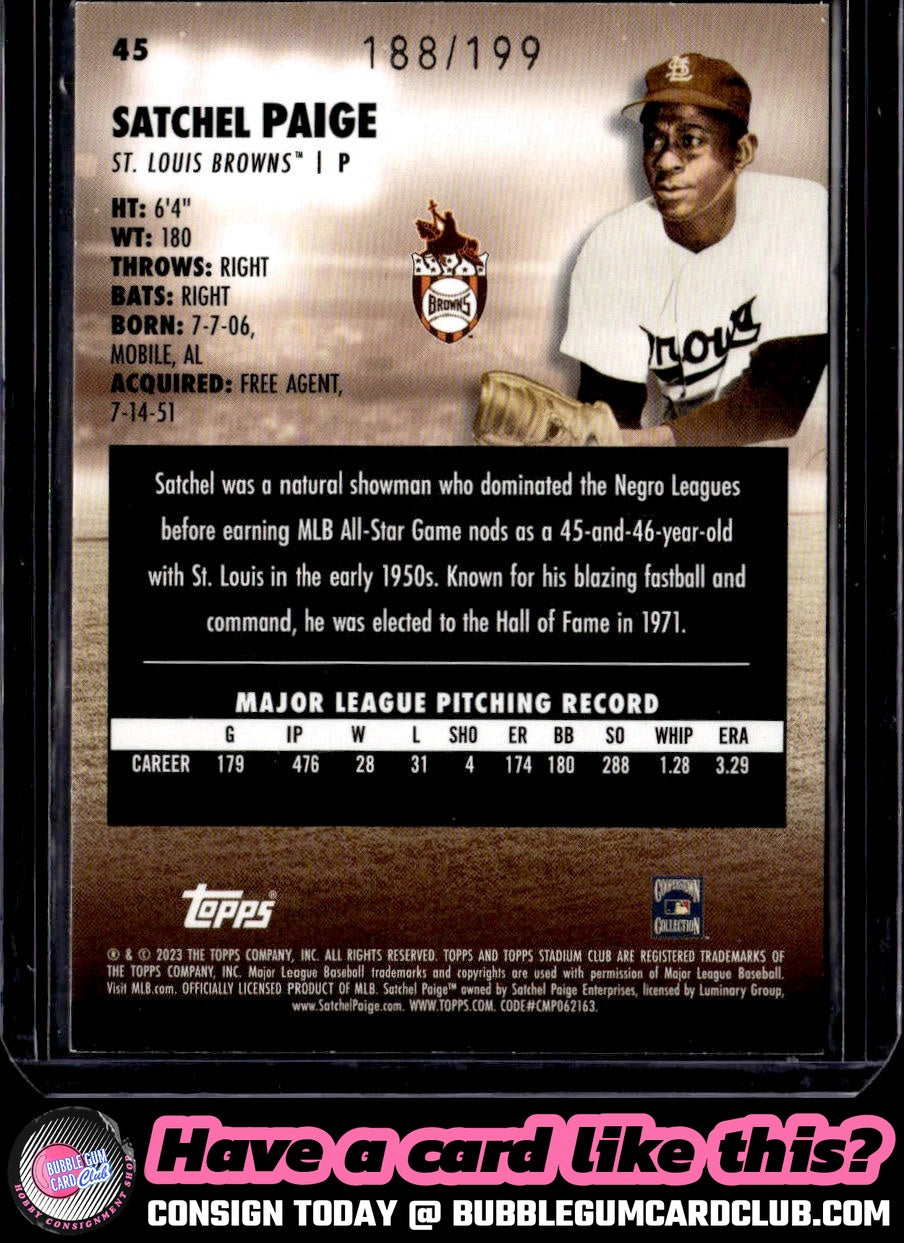 2023 Stadium Club Satchel Paige Orange Foil #/199 St. Louis Browns